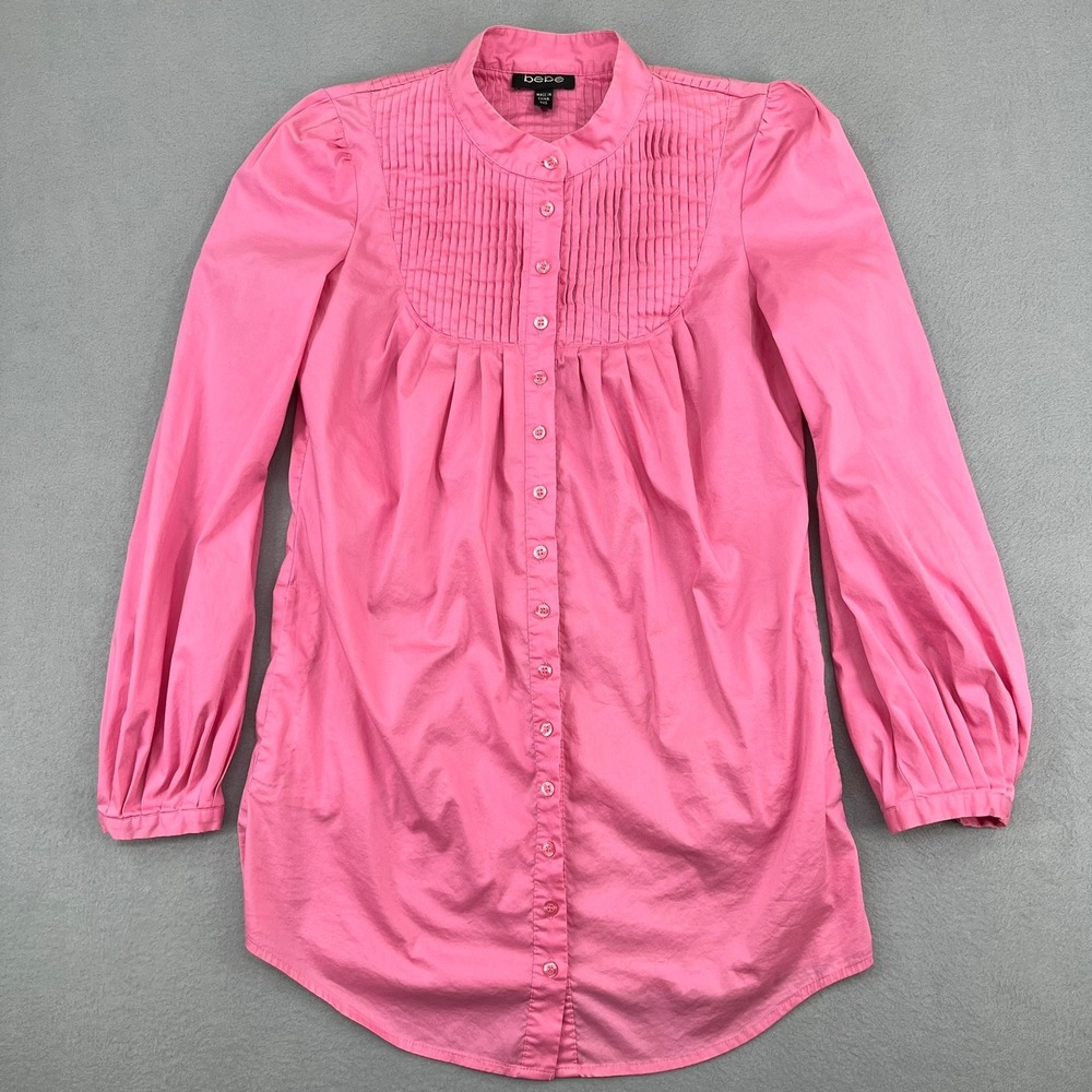 Bebe Womens Pink Pleated Bib Button Down Puffed Sleeve Tunic Blouse XXS